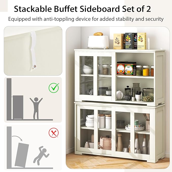 Costzon Sideboard Buffet Cabinet of 2, Wooden Kitchen Storage Cabinet with Adjustable Shelf, Sliding Glass Doors, Accent Coffee Bar Cabinet Console Table for Living Room, Dining Room, Hallway