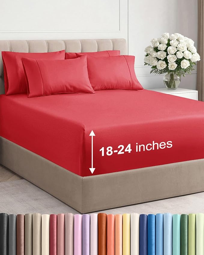 Extra Deep Queen Sheet Set - 6 Piece Breathable and Cooling Sheets - Hotel Luxury Bed Sheets Set - Easy & Secure Fit - Soft, Wrinkle Free and Comfy Sheets Set - Red Sheet Set with Extra Deep Pockets