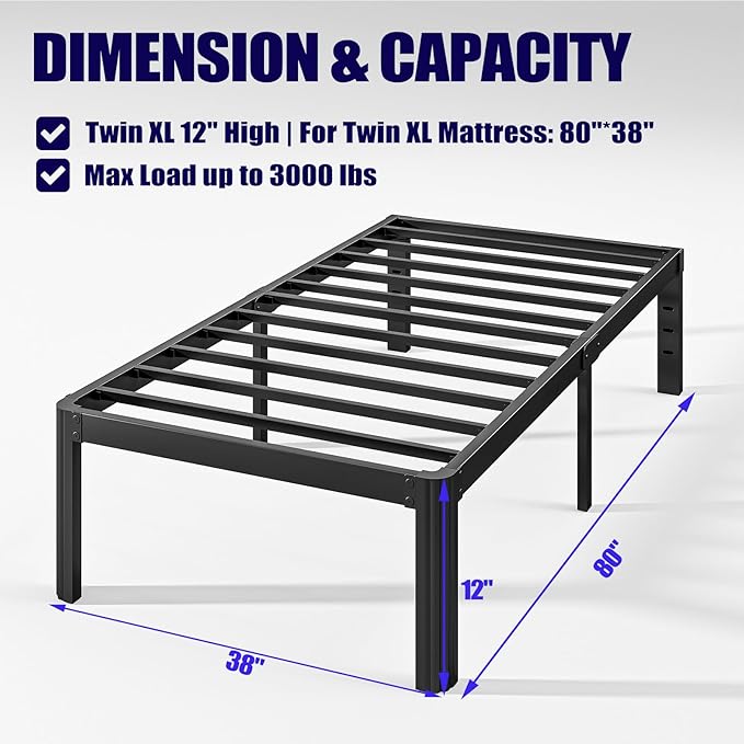 Hunlostten 12" Twin XL Heavy Duty Bed Frame No Box Spring Needed, Metal Twin XL Platform Bed Frame with Round Corners, Easy Assembly, Noise Free, Black