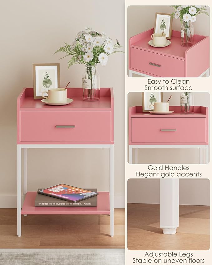 Masupu Nightstand,Bedside Table 3-Tier Modern Night Stand with Storage Drawer and Shelf,Small End Side Table for Bedroom,Living Room,Black (Without Outlet, Pink)