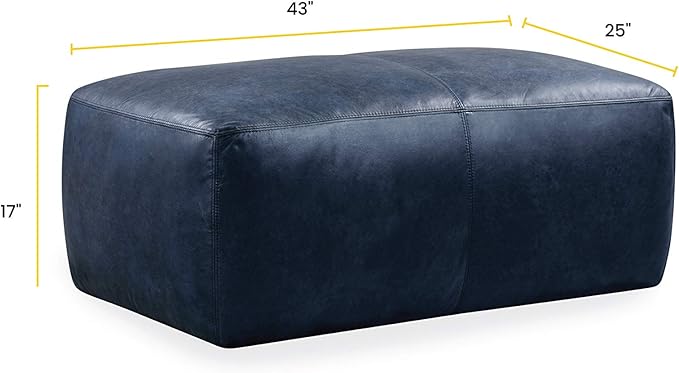 POLY & BARK Denver Ottoman – 43" Large Pouf with Feather-Down Topper – Full-Grain Leather Upholstered Pouf Ottoman for Living Room – Vintage Italian Leather in Midnight Blue