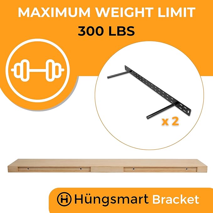 HÜNGSMART 60 Inch Wooden Floating Shelf – Supports 300lbs - Engineered Wood - 5 Foot Long – Oak Finish with Stainless Steel Insert– Includes Laser Welded Precision Wall Bracket (60 x 11 13/16 inches)