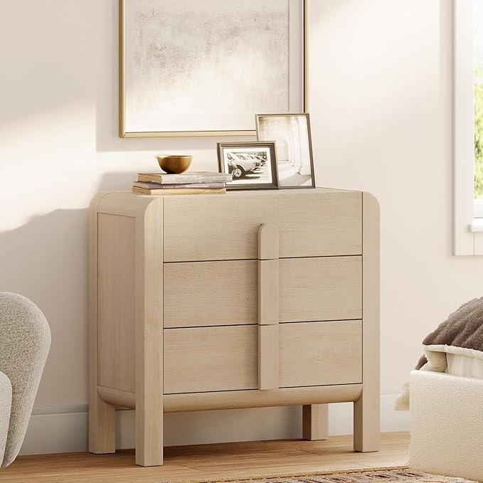 WAMPAT Modern 3 Drawer Nightstand, 31.5" Tall Nightstand with Large Chest of Drawers, Wooden Bedroom Dresser w/Curved Profile Design, End Table Bed Side Table for Bedroom, Living Room, Light Oak