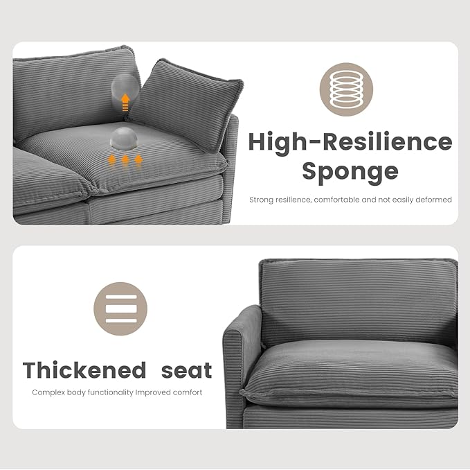 ROWHY 112'' Modular Sectional Cloud Couch with Movable Ottoman, 4 Seat Modern Corduroy Sofa with 2 Throw Pillows, Comfy Deep Seat L Shaped Couches for Living Room Bedroom Apartment, Dark Grey