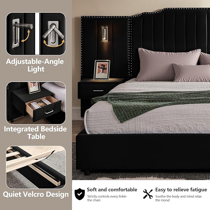 King Size Bed Frame with Storage, Luxury King Platform Bed Frame with Headboard, Velvet Fabric Upholstered Bedframe with LED Lights, Solid Frame & Bedside Table, No Box Spring Needed, Black