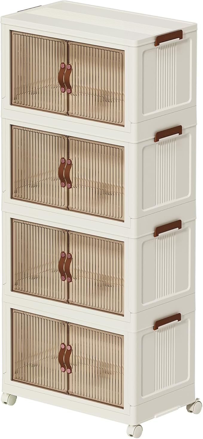 130 QT Large Plastic Storage Bins with Lids Open Front, Stackable Storage Containers with Wheels for Clothes, Home, Room, White, 4 Tiers