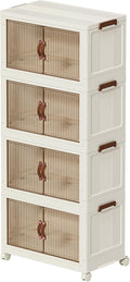 130 QT Large Plastic Storage Bins with Lids Open Front, Stackable Storage Containers with Wheels for Clothes, Home, Room, White, 4 Tiers