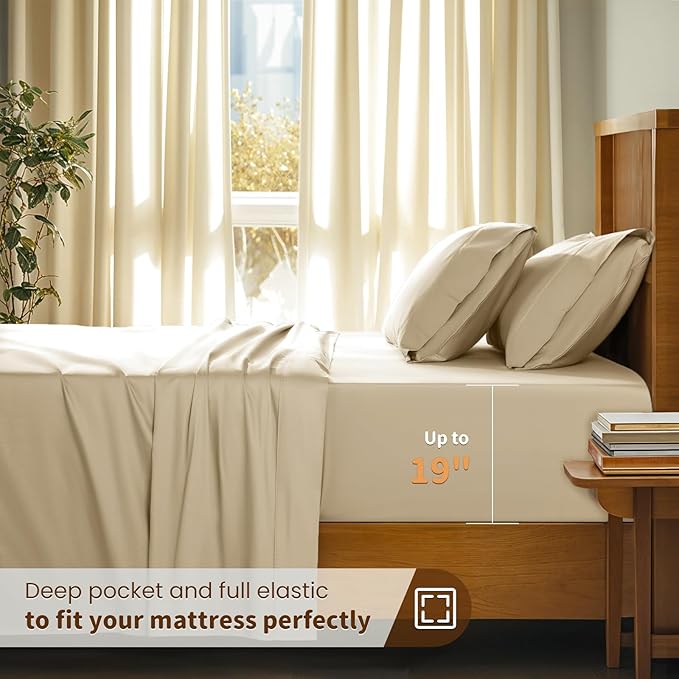 LBRO2M 100% Cotton Sheets Set Deep Pocket 19", 1000 Thread Count King Size 4 Piece Bed Sheet Sets Soft Comfortable Bedding All Season (King, Linen)