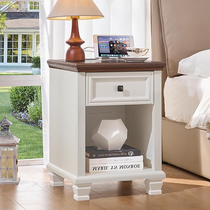 SAVOR LIFE Farmhouse End Tables Living Room Set of 2, Rustic Wood Nightstand with 1 Drawer, Bedside Table with Open Shelf for Bed Room, Side Table for Living Room, White