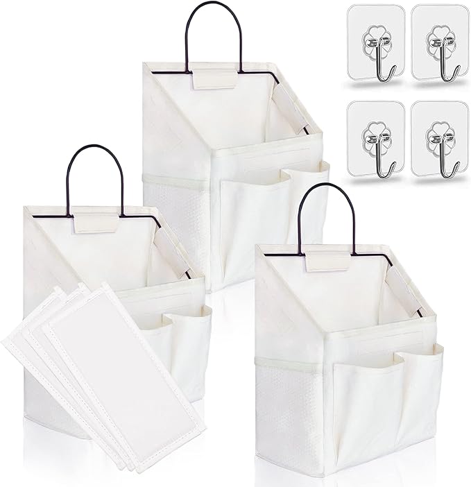 Kanrichu 3pcs Small Wall Hanging Organizer Bag, Linen Fabric Door Hanging Storage Basket with Pockets, Waterproof Bin for Kitchen, Bedroom, Office, RV Camper (White)