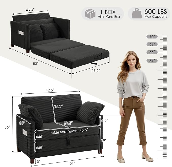51" Loveseat Sleeper Sofa Bed, Corduroy Convertible Floor Sofa Bed for Small Spaces, Folding Couch Bed with Deep Seat, 2 Pillows & Solid Frame, Pull Out Floor Couch for Living Room, Black