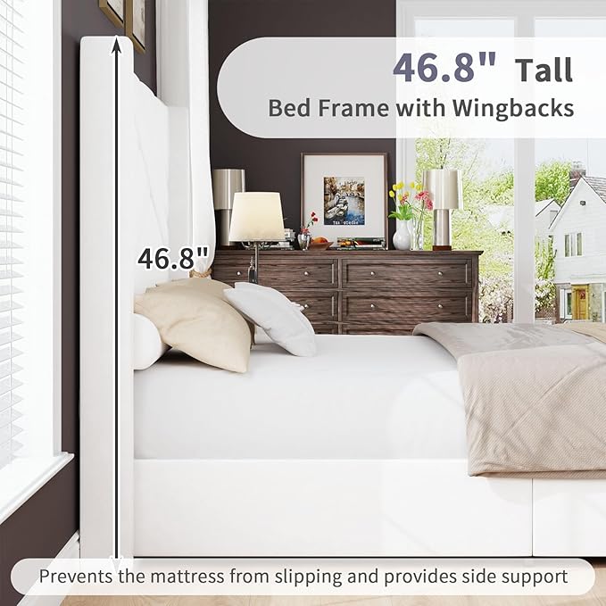 BarnFurin Full Size Bed Frame, Velvet Upholstered Platform Bed with Geometric Tufted Headboard & Footboard, Wingback Design, Mattress Foundation with Wooden Slats, Cream White