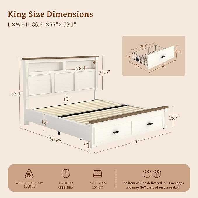 King Size Bed Frame with 53" Tall Headboard, Farmhouse Platform Bed Frame with Roman Column Decoration Footboard & 2 Storage Drawers, LED Built in Charging Station, No Box Spring Needed（Rust White)