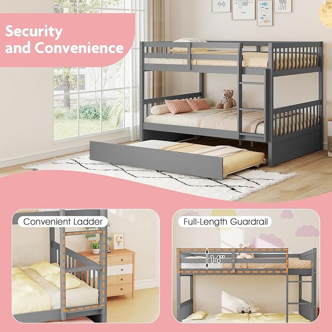 KOMFOTT Wood Full Over Full Bunk Bed with Trundle, Wooden Bed Frame with Ladder, Solid Wood Frame & Safety Guardrails, Space-Saving Bunk Bed for Teens & Adults, No Box Spring Needed