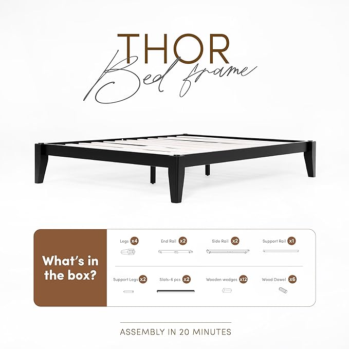 Thor Premium Solid Wood Bed Frame Twin XL, Platform Bed, Japanese Joinery Bed Frame, Wood Slat Support, No Box Spring Needed, Easy Assembly, Minimalist & Modern Style (Midnight Charcoal)