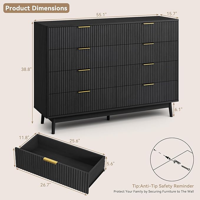 CARPETNAL Fluted 8 Drawer Dresser for Bedroom, 55" Wide Wooden Chest of Drawers with Rounded Corners, Gold Handles, Modern Storage Organizer for Bedroom, Hallway(Black)