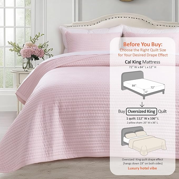 Oversized King Quilt Set 112"x106" – Soft Washed 3-Layer Lightweight California King Bedspread, Minimalist Nordic Design, All-Season Spring & Summer Quilt Set (1 Quilt + 2 Pillow Shams), Pink
