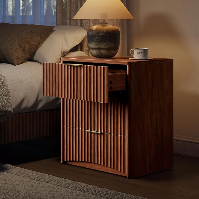 Evermagin Fluted Nightstand Set of 2, Walnut Bedside Table with 3 Drawers, Wood End Table with Storage Mid Century Modern, Large Night Stand for Bedroom