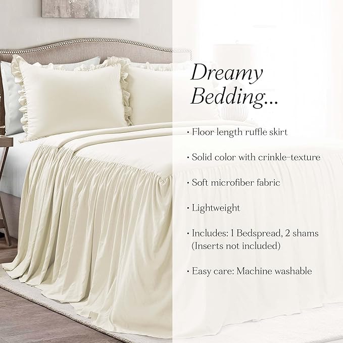 Lush Decor Ruffle Skirt Bedspread Set - 3 Piece Luxurious Farmhouse Bedding Set - Elegant, Charming Ruffle Detail - Timeless Style & Classic Design - Soft and Lightweight - Full, Ivory