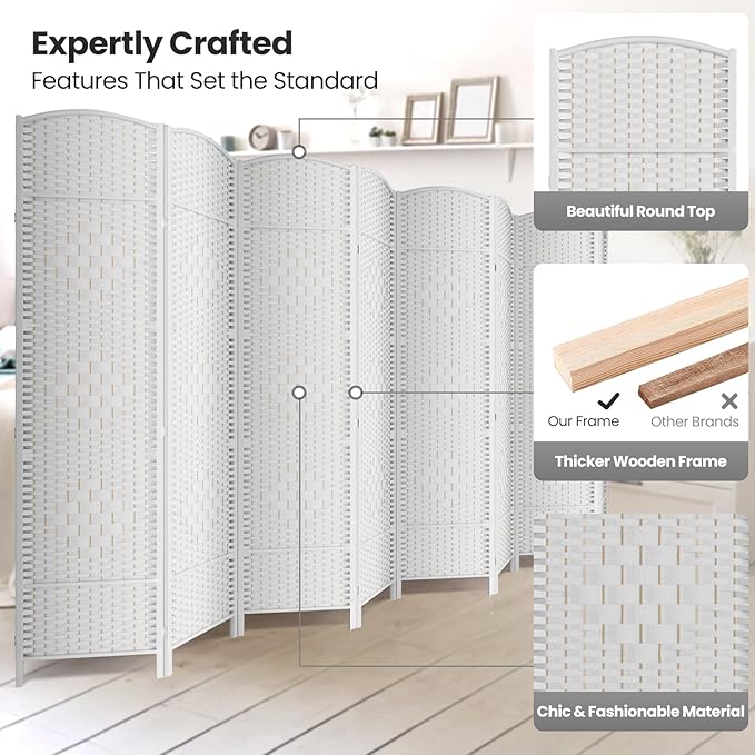 Folding Room Divider, Weave Fiber Privacy Screen, Extra Wide Room Screen Divider Separator, Decorative Separation Wall Divider, Freestanding Room (8-Panel)