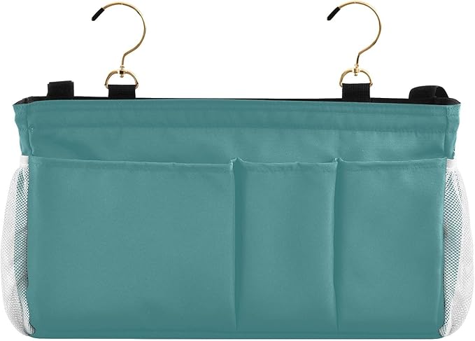 KOPIRIT Navy Teal Bedside Caddy Storage Bag Bedside Organizer for College Dorm Top Bunk Bed Hanging Storage Organizer 6 Pockets with Hooks for Drinks Magazine Phone Holder