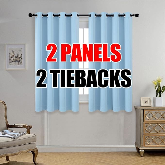 MIUCO 1 Pair Thermal Insulated Grommet 52-Inch-by-63-Inch Blackout Window Curtain Panels with 2 Tie Backs, Sky Blue