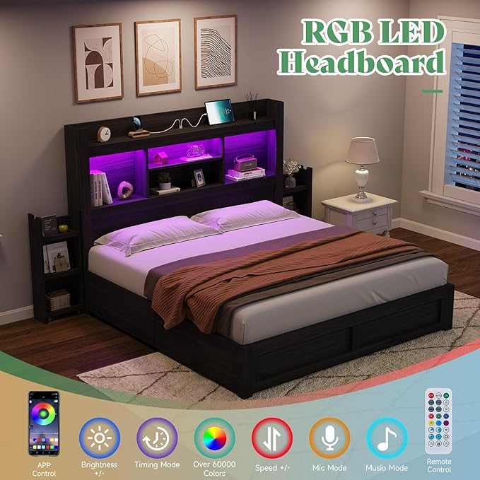 AMERLIFE Full Size Bed Frame with 4 Storage Drawers, LED Bed Frame with 49.6" Tall Bookcase Headboard, Wood Platform Bed with Charging Station & 2 Slide Bedside Shelf, No Box Spring Needed/Black