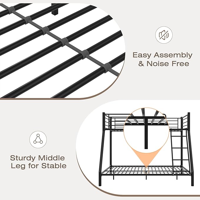 VECELO Bunk Bed Twin Over Full, Metal Bunkbeds with Ladder and Full-Length Guardrail, No Box Spring Needed, Space Saving, Noise Free, Matte Black