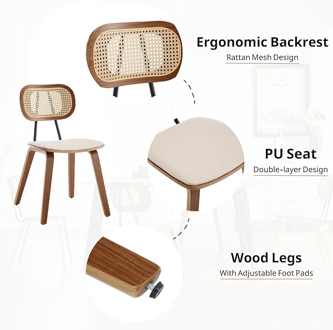 HEAH-YO Modern Dining Chairs Set of 2, Upholstered Faux Leather Dining Room Chairs with Rattan Backrests and Wood Legs, Armless Kitchen Chairs for Dining Room, Beige