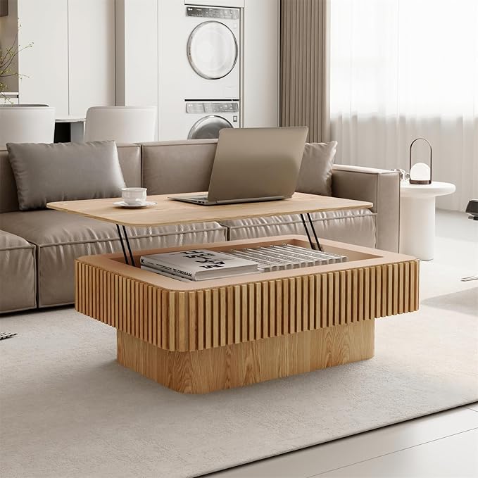 LKTART Lift Top Coffee Table for Living Room, Accent Fluted Coffee Table with Storage, Modern Solid Wood Veneered Rectangle Center Tea Table for Small Space Apartment (38.6''D×14''H-Natural)