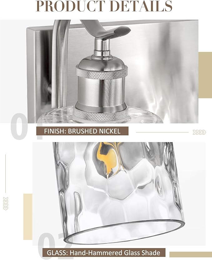 Bathroom Vanity Light Fixtures Over Mirror 3-Light Hammered Glass Wall Mounted Modern Brushed Nickel - VL01BNH-3