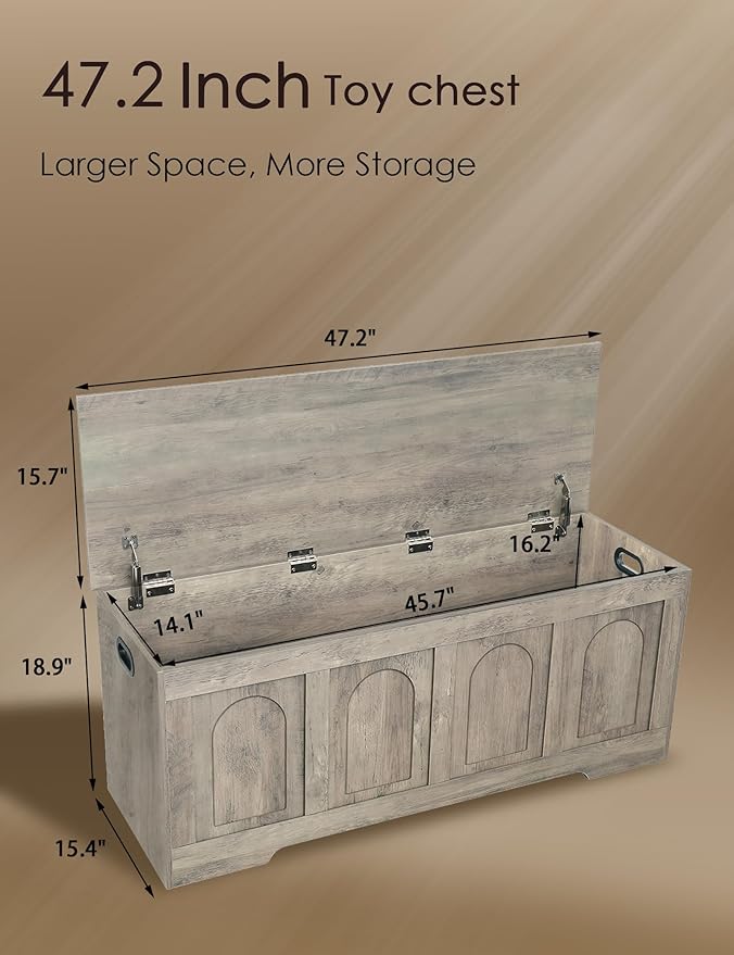 DINZI LVJ Storage Chest, 47.2" Rattan-Like Toy Box with 2 Safety Hinges, Wooden Entryway Storage Bench with Flip-Top, Large Trunk for Living Room, Bedroom, Easy Assembly, Gray Wash