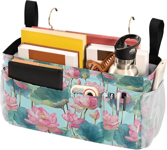 Bedside Caddy Hanging Bunk Bed Caddy Bed Organizer Hanging Pocket with 2 Hooks Bedside Storage Organizer Pocket Bag Holder Pastel Lotus Leaf Stem Floral