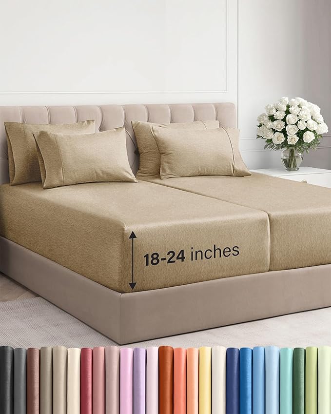 Extra Deep Split King Sheet Set - 7 Piece Breathable & Cooling Sheets - Hotel Luxury Bed Sheets Set - Easy Fit - Soft, Wrinkle Free & Comfy Sheets Set - Heathered Tan Sheet Set w/Extra Deep Pockets