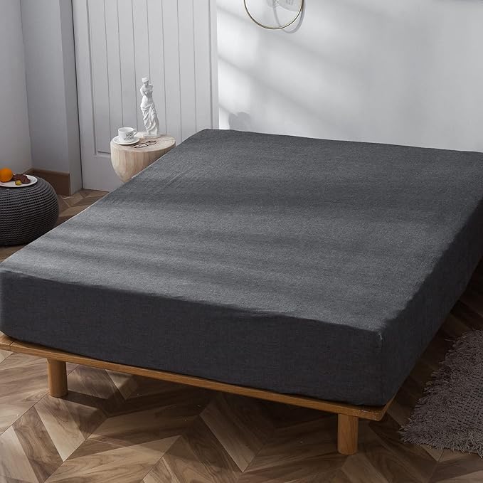 MooMee Fitted Bottom Sheet Only 100% Washed Cotton Linen Like Textured Breathable Durable Soft Comfy Deep Pocket Fits Mattress up to 17" (Dark Grey, King)