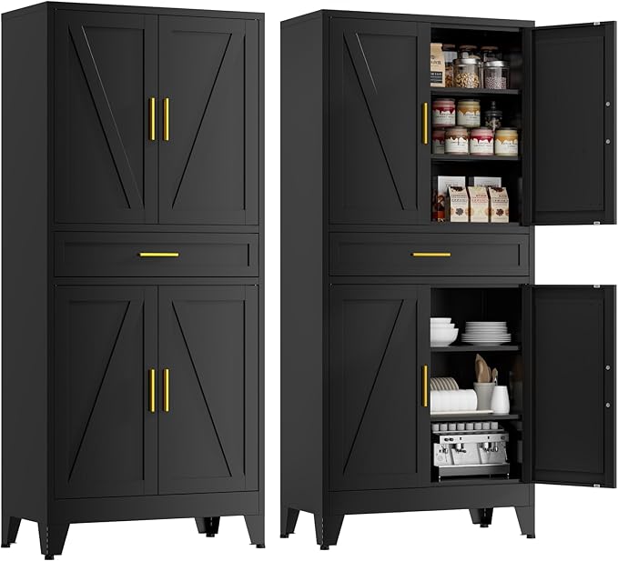 71" Tall Farmhouse Pantry Cabinet,Metal Cabinets with Doors and Shelves,Storage Cabinet for Kitchen, Garage,Black