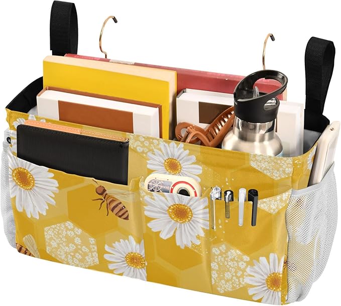 Bedside Caddy Hanging Bunk Bed Caddy Bed Organizer Hanging Pocket with 2 Hooks Bedside Storage Organizer Pocket Bag Holder Yellow Honeycomb Bee Daisy