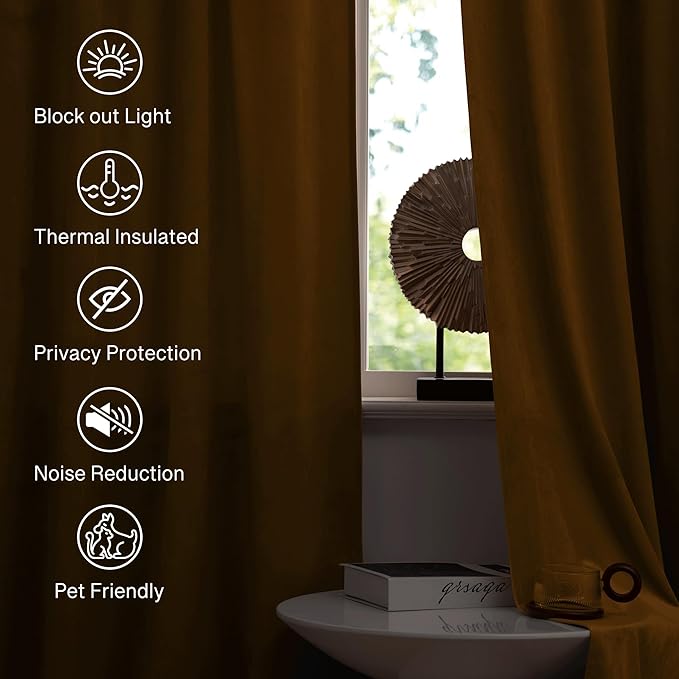 StangH 108 inches Long Gold Brown Velvet Curtains for Bedroom Windows, Thermal Insulated Light Blocking Room Divider Curtains for Sliding Door/Office, W52 x L108, 2 Panels