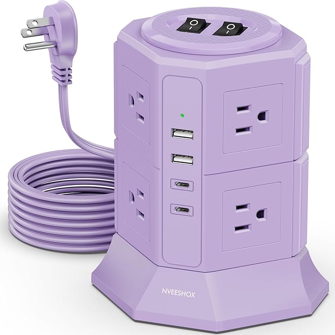 Flat Plug Power Strip Tower with 8 Outlets 4 USB Ports (2 Type C), Surge Protector Power Strip with 6.5 FT Extension Cord, Outlet Extender Charging Station with Multiple Outlets for Home Office Dorm