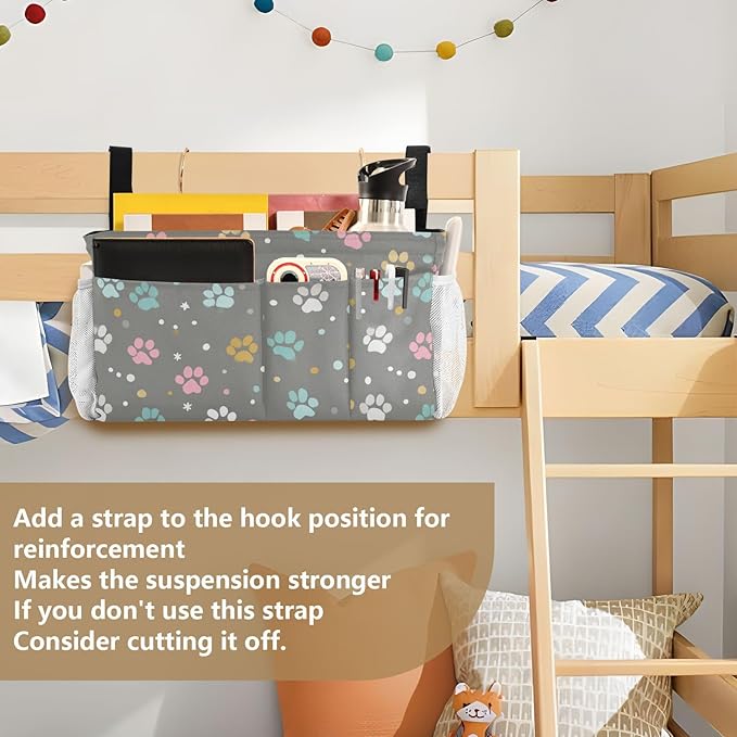 Bedside Caddy Hanging Bunk Bed Caddy Bed Organizer Hanging Pocket with 2 Hooks Bedside Storage Organizer Pocket Bag Holder Paw Print Dots Stars Grey