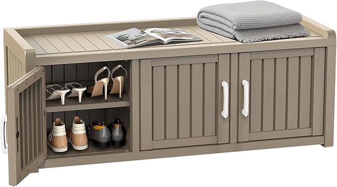 ROJIK Shoe Cabinet Waterproof UV-Resistant,Storage Bench Indoor Outdoor with Adjustable Shelves,for Entryway Bedroom,Hallway,Living Room(3 Door,Grey)
