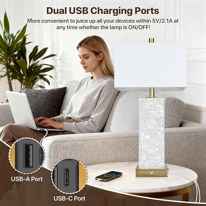 2-Pack 25.6" Alabaster Lamps, Marble Lamp Nightstand Lamps Set of 2, 3-Color Temperatures Bedside Lamps with Nightlight, Modern Table Lamp with USB Ports for Living Room Bedroom Hotel, Bulbs Included