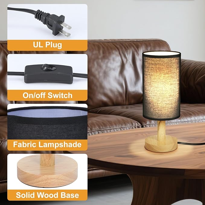 Black Small Bedside Table Lamp for Bedroom,Natural Round Wood Base&Fabric Linen Shade,Cozy Night Table Light for Study Reading,Minimalist Boho Desk Lamp for Nightstand,Living Room,Nursery,Kitchen,Dorm