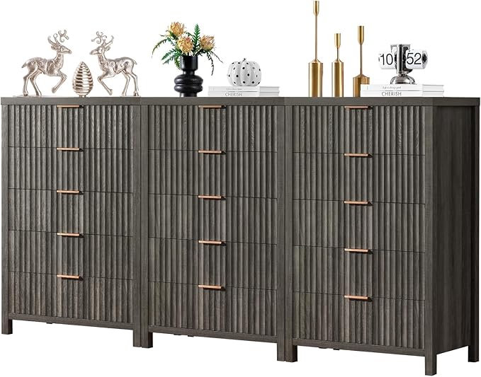 5 Drawers Dresser for Bedroom, 44 Inches Tall Modern Bedroom Dressers, Chest of Drawers for Bedroom, Fluted Dresser for Closet Organizer for Living Room, Hallway, Entryway (Midnight Oak, 3 Pieces)