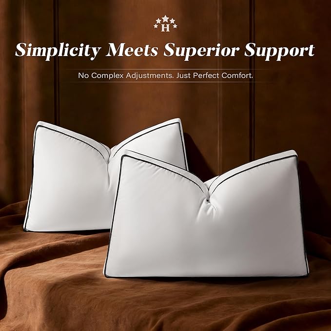 Firm Goose Feather Down Pillow Standard Size Set of 2, Down Surrounded Hotel Collection Bed Pillows for Sleeping with 3 Inch Gusset, 2 Pack, Fluffy Plush for Side Sleepers 20x26 in.