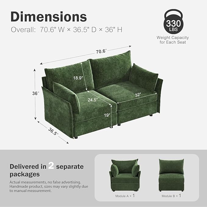 ABCASA Oversized Loveseat Sofa, Modern Modular Sectional Couch Green Fluffy Chenille Mid Century 2-Seat 24.5" Deep Seat for Apartment, Living Room, Bedroom
