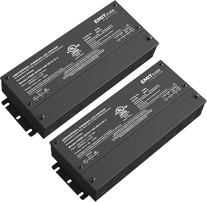 EMITEVER Dimmable Led Driver, 2 Packs 120W AC 110V-277V to DC 24V Transformer, 5-in-1 Dimming: ELV/MLV/TRIAC / 0-10V / 1-10V / 10V PWM/Potentiometer, Waterproof IP67 and UL Listed