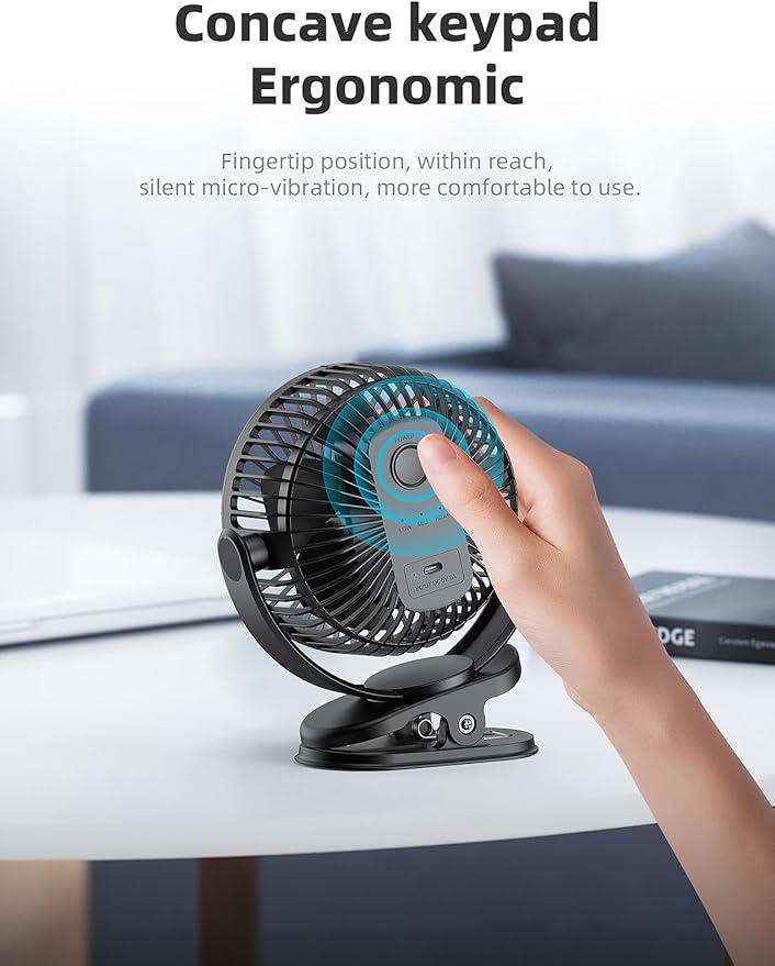 Svinkal USB Portable Clip on Fan, 2400mAh Battery Type-C 6in, 3 Speed 720° Tilting Head, Black Personal Rechargeable Fan for Desk, Bedside, Golf Cart, Baby Stroller, Indoor & Outdoor Use