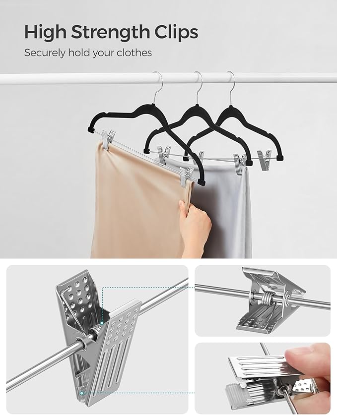 SONGMICS 50-Pack Pants Hangers, 16.7-Inch Long Velvet Hangers with Adjustable Clips, Heavy-Duty, Non-Slip Skirt Hangers, Space-Saving for Pants, Skirts, Coats, Dresses, Black UCRF012B50