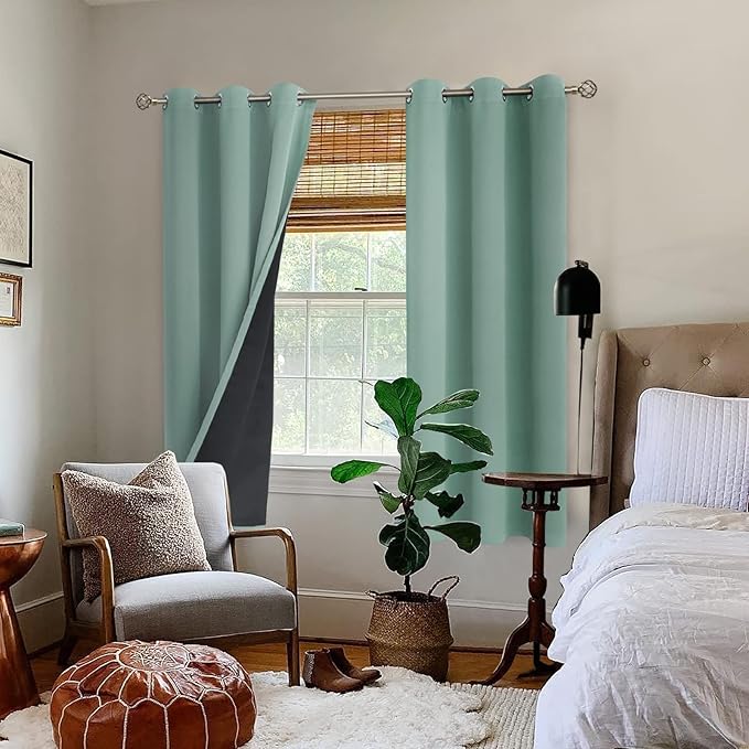 BGment Thermal Insulated 100% Blackout Curtains for Bedroom with Black Liner, Double Layer Full Room Darkening Noise Reducing Grommet Curtain (42 x 72 Inch, Frosty Green, 2 Panels)